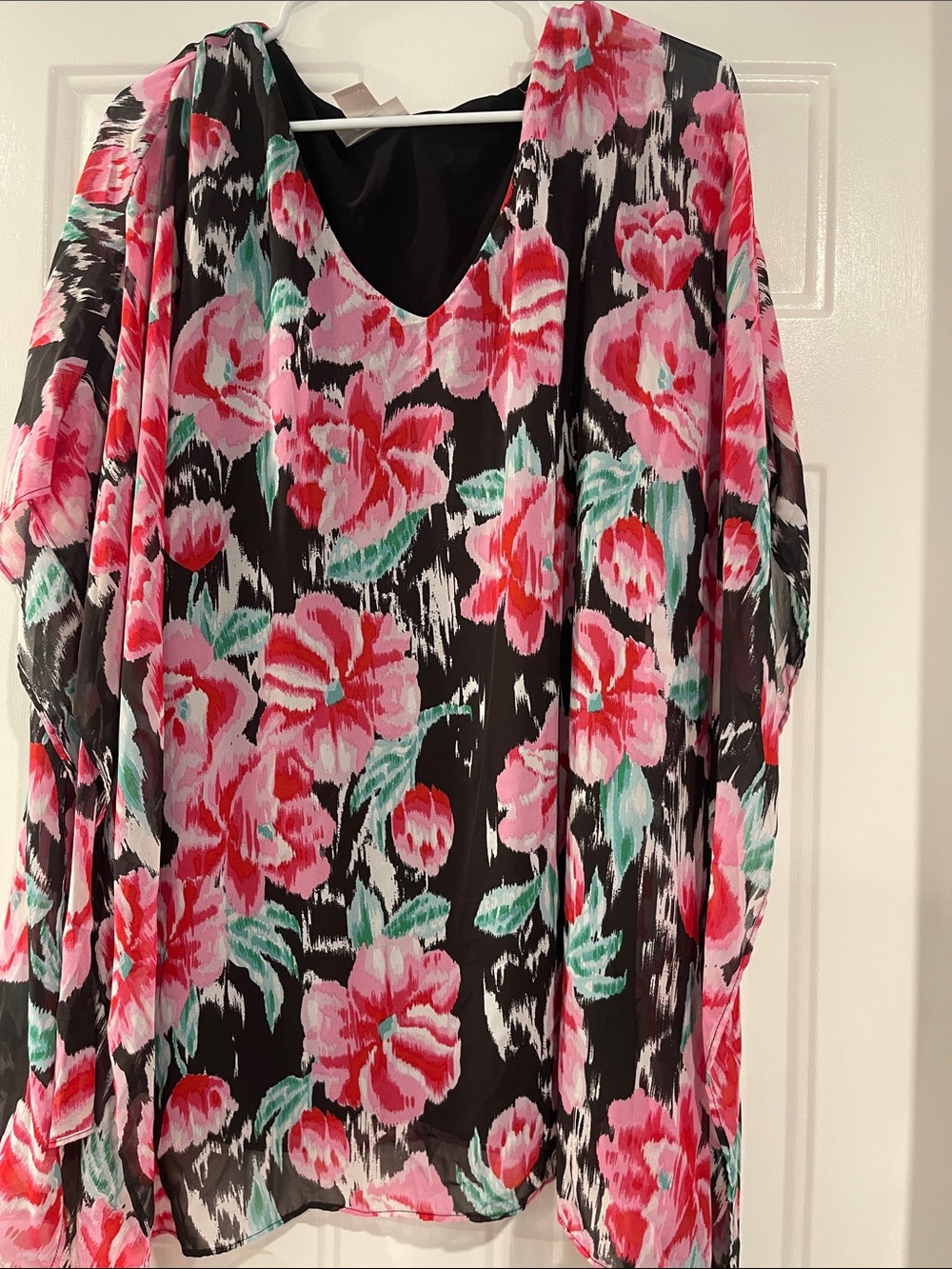Avenue Black V-Neck Blouse with Pink Floral Print